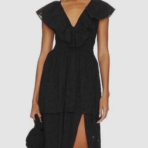 NWT WEWOREWHAT Eyelet Ruffle Slit Front Midi Dress Black Size S